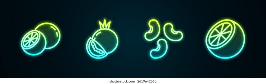 Set line Orange fruit, Tomato, Beans and . Glowing neon icon. Vector