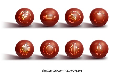 Fijar la línea fruta naranja, sandía, manzana, cebolla, calabaza, pepino fresco, oreja e ícono de Kiwi. Vector