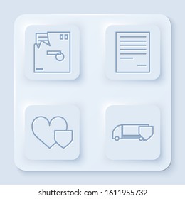 Set line Ordered envelope, Document, Heart with shield and Delivery cargo truck with shield. White square button. Vector