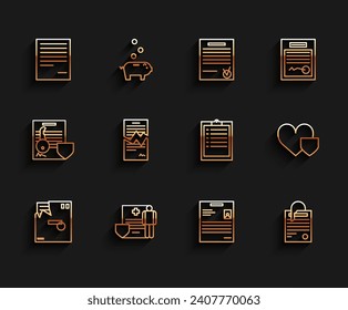 Set line Ordered envelope, Medical clipboard with clinical record, Document, Personal document, File and paper, Torn contract, Heart shield and Clipboard checklist icon. Vector