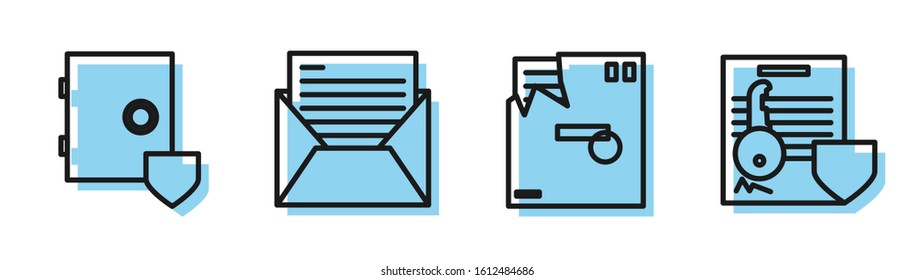 Set line Ordered envelope, Safe with shield, Mail and e-mail and Document with key with shield icon. Vector
