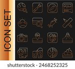 Set line Ore mining, Volcano, Crossed ruler and pencil, Compass, Soil analysis, Earth core structure crust, Magnifying glass with globe and Drone icon. Vector