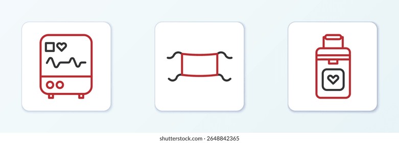 Set line Organ container, Monitor with cardiogram and Medical protective mask icon. Vector