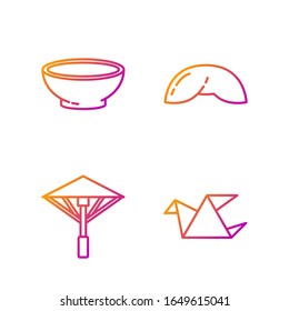 Set line Origami bird, Japanese umbrella from the sun, Bowl of hot soup and Chinese fortune cookie. Gradient color icons. Vector