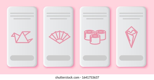 Set line Origami bird, Paper chinese or japanese folding fan, Sushi and Temaki roll. White rectangle button. Vector