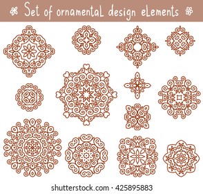 Set of line ornamental design elements. Geometric circular ornaments. Cute lace patterns. Mandalas vector ornaments. Line art decorative elements