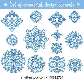 Set of line ornamental design elements. Geometric circular ornaments.