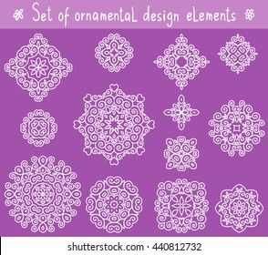 Set of line ornamental design elements. Geometric circular ornaments.