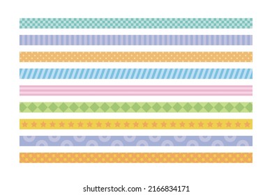 Set of line ornaments in the pattern of stripes, dots, stars, checks, rhombus, squares.