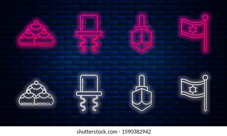 Set line Orthodox jewish hat with sidelocks, Hanukkah dreidel, Jewish sweet bakery and Flag of Israel. Glowing neon icon on brick wall. Vector
