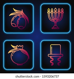 Set line Orthodox jewish hat with sidelocks, Pomegranate, Olives branch and Hanukkah menorah. Gradient color icons. Vector