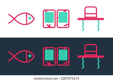 Set line Orthodox jewish hat with sidelocks, Christian fish and The commandments icon. Vector