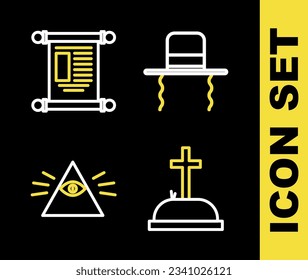 Set line Orthodox jewish hat with sidelocks, Tombstone cross, Masons and Decree, paper, parchment, scroll icon. Vector