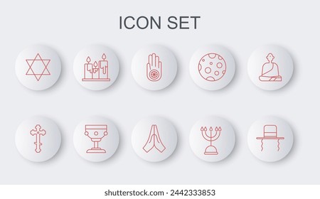 Set line Orthodox jewish hat with sidelocks, Christian cross, Jainism or Jain Dharma, Hanukkah menorah, Star of David, Burning candles, chalice and Hands praying position icon. Vector