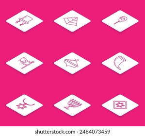 Set line Orthodox jewish hat with sidelocks, Egypt pyramids, Balloons ribbon star of david, Flag Israel, Hanukkah dreidel, Traditional horn, shofar, Star David necklace chain and menorah icon. Vector