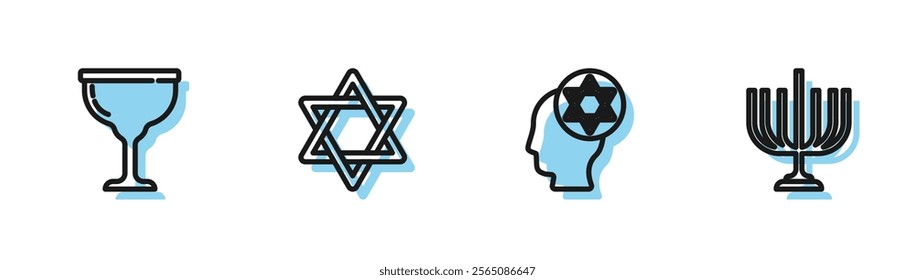 Set line Orthodox jewish hat, Jewish goblet, Star of David and Hanukkah menorah icon. Vector