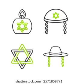 Set line Orthodox jewish hat, Star of David, Jewish kippah and Burning candle icon. Vector