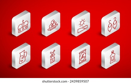 Set line Orujo, Olives on plate, Beach, Earrings, can, Crown of spain, Windmill and Sangria icon. Vector