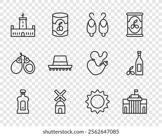 Set line Orujo, Prado museum, Earrings, Windmill, Montjuic castle, Spanish hat, Sun and Bottle of olive oil icon. Vector