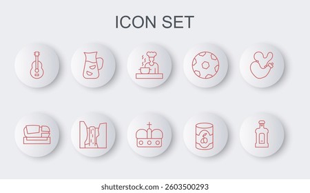 Set line Orujo, Stadium Mestalla, Spanish cook, Olives in can, guitar, Sangria, Algar waterfall and Crown of spain icon. Vector