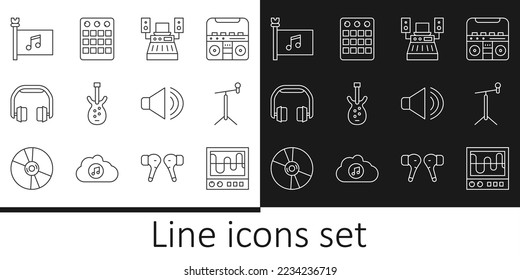 Set line Oscilloscope, Microphone with stand, Music recording studio, Electric bass guitar, Headphones, festival flag, Speaker volume and Drum machine icon. Vector