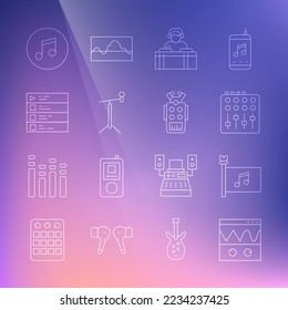 Set line Oscilloscope, Music festival flag, Sound mixer controller, DJ playing music, Microphone with stand, playlist, note, tone and  icon. Vector