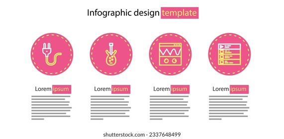 Set line Oscilloscope, Music playlist, Electric bass guitar and plug icon. Vector
