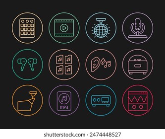 Set line Oscilloscope, Stereo speaker, Disco ball, Music file document, Air headphones, Drum machine, Ear listen sound signal and Online play video icon. Vector