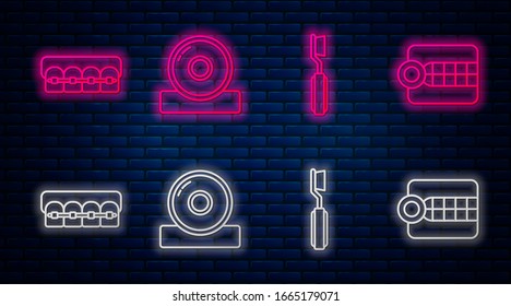 Set line Otolaryngological head reflector, Toothbrush, Teeth with braces and Dentures model. Glowing neon icon on brick wall. Vector