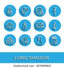 Set line Otolaryngological head reflector, Bottle of medicine syrup, Test tube and flask, Medicine bottle pills, nasal spray, Syringe and Medical symbol the Emergency icon. Vector
