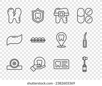 Set line Otolaryngological head reflector, Toothbrush, Teeth with braces, Broken tooth, Dental card and explorer scaler icon. Vector