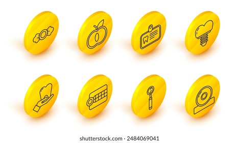 Set line Otolaryngological head reflector, Dental inspection mirror, Dentures model, Tooth, implant, Id card with tooth, Apple and Candy icon. Vector