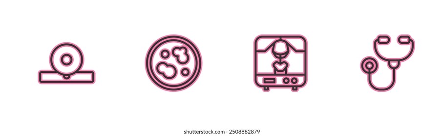 Set line Otolaryngological head reflector, X-ray machine, Petri dish with bacteria and Stethoscope icon. Vector
