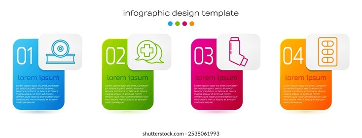 Set line Otolaryngological head reflector, Dialogue with the doctor, Inhaler and Pills in blister pack. Business infographic template. Vector