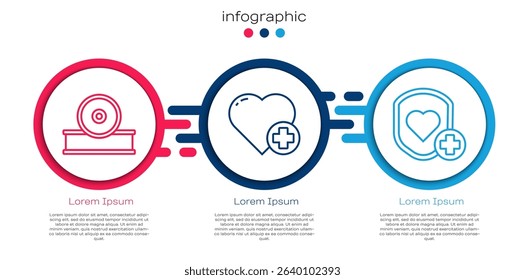 Set line Otolaryngological head reflector, Heart with a cross and Shield and heart rate. Business infographic template. Vector