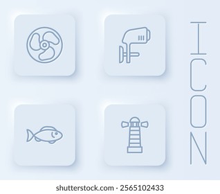 Set line Outboard boat motor, Fish and Lighthouse. White square button. Vector