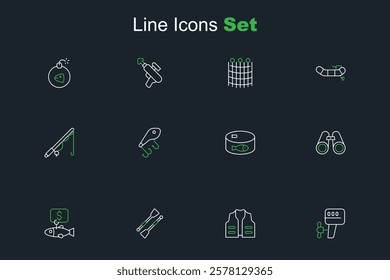 Set line Outboard boat motor, Fishing jacket, Oars paddles, Price tag for fish, Binoculars, Canned, lure and rod icon. Vector