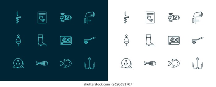 Set line Outboard boat motor, Fish skeleton, finder echo sounder, Fishing boots, Spinning reel for fishing, Hand ice drill and Served plate icon. Vector