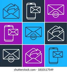 Set line Outgoing mail, Delete envelope and # Mobile and envelope icon. Vector