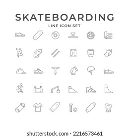 Set line outline icons of skateboarding