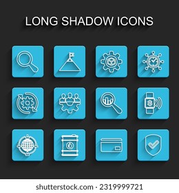 Set line Outsourcing concept, Barrel oil, Magnifying glass, Credit card, Shield with check mark, Project team base, Contactless payment and and analysis icon. Vector