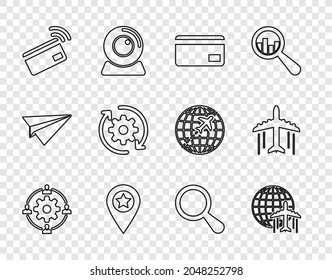 Set line Outsourcing concept, Globe with flying plane, Credit card, Location star, Contactless payment, Gear and arrows as workflow, Magnifying glass and Plane icon. Vector
