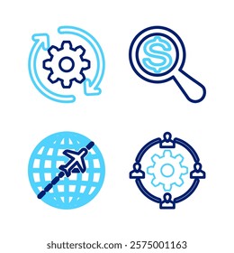 Set line Outsourcing concept, Globe with flying plane, Magnifying glass and dollar and Gear arrows workflow icon. Vector