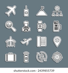 Set line Outsourcing concept, Location with star, POS terminal, Mountains and flag, Scientist test tube, Magnifying glass analysis, Plane and Contactless payment icon. Vector