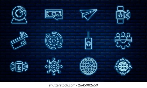 Set line Outsourcing concept, Project team base, Paper plane, Gear and arrows workflow, Contactless payment, Web camera, Remote control and Cash back icon. Vector
