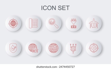 Set line Outsourcing concept, Waterproof, Magnifying glass and analysis, Algorithm, Telephone, Globe with flying plane and  icon. Vector