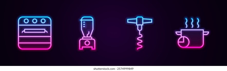 Set line Oven, Blender, Wine corkscrew and Cooking pot. Glowing neon icon. Vector