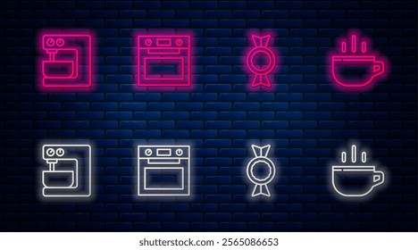 Set line Oven, Candy, Electric mixer and Coffee cup. Glowing neon icon on brick wall. Vector