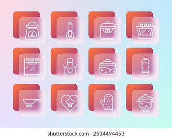 Set line Oven, Chef hat, Cooking pot, glove, Kitchen apron, Slow cooker, Scales and Pizza knife icon. Vector