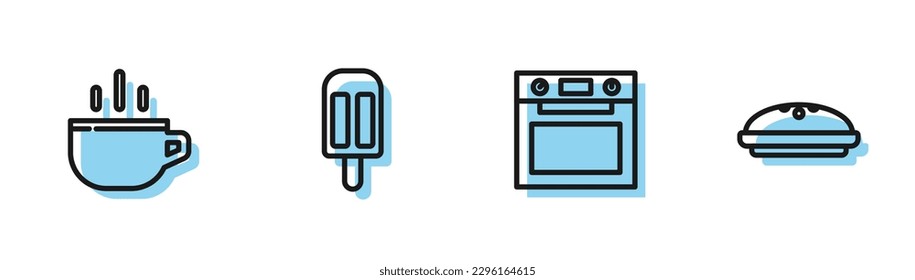 Set line Oven, Coffee cup, Ice cream and Homemade pie icon. Vector